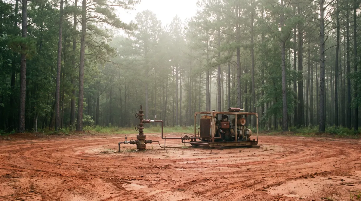 Coalbed methane wellhead among pines in Alabama’s Black Warrior Basin
