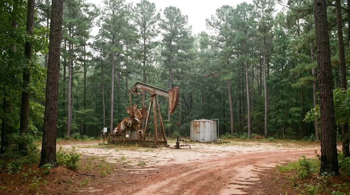 Pumpjack in a clearing among pine woods in south Arkansas