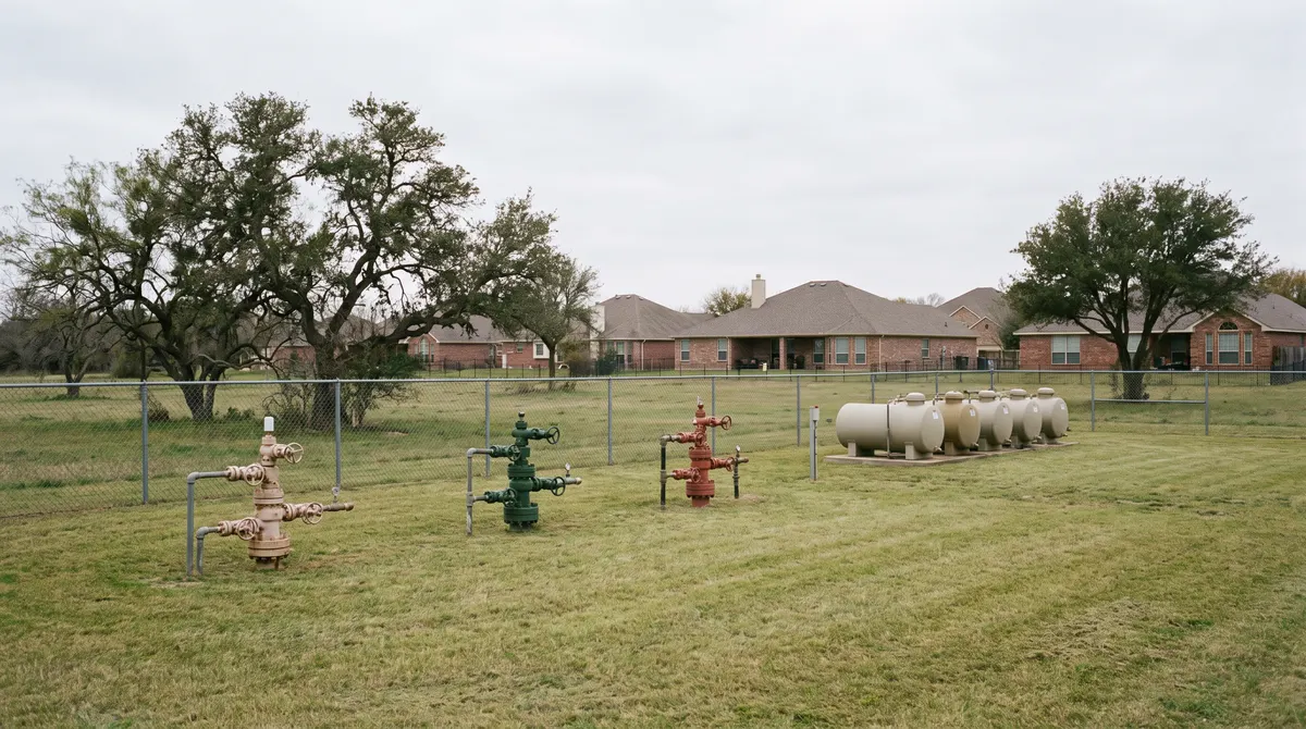 Fenced natural gas well pad beside pasture and suburban homes in North Texas