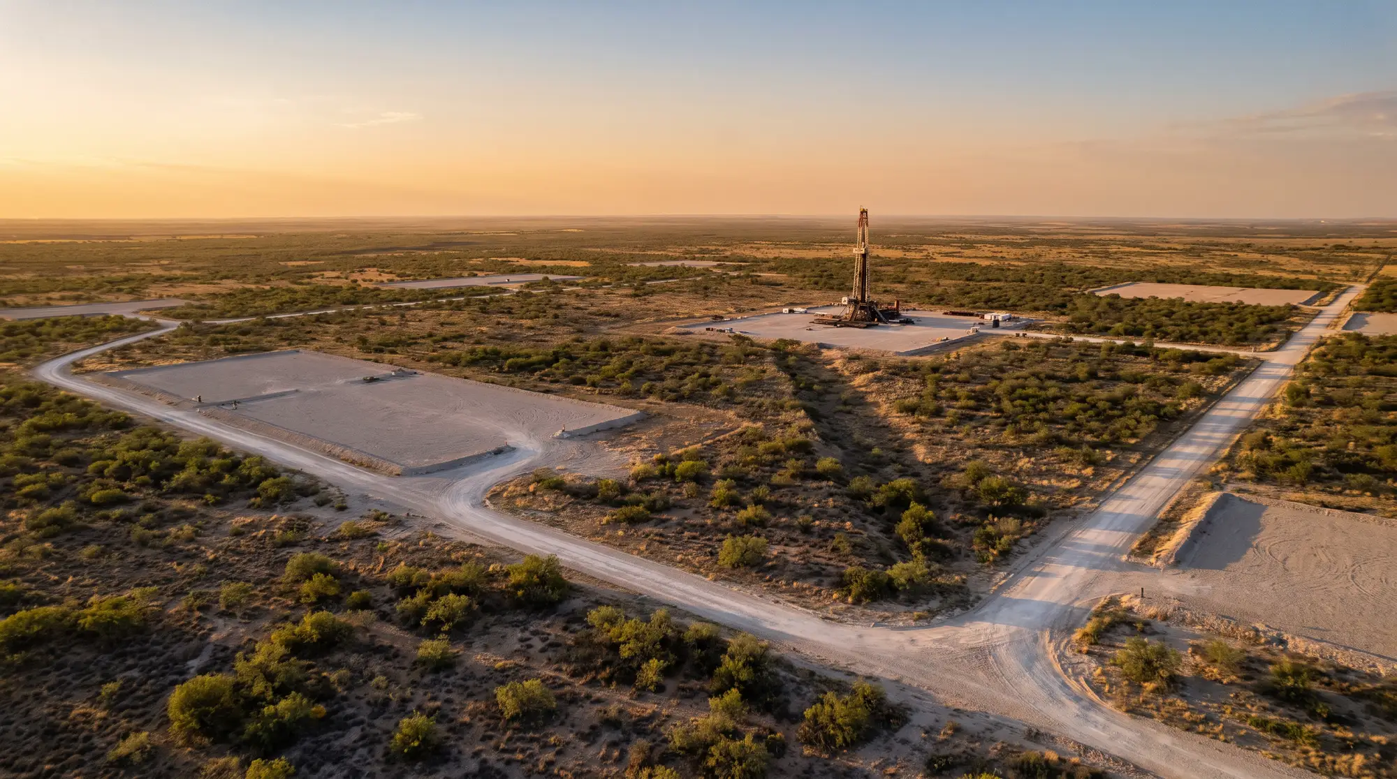 Aerial view of horizontal well pads and caliche roads on West Texas ranch land at sunset