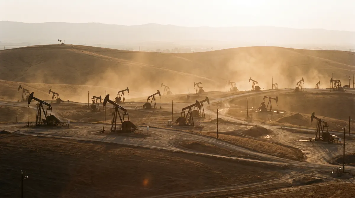 Pumpjacks on dry brown hills in a Kern County oil field near Bakersfield
