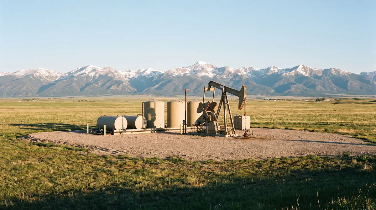 Oil well pad on the plains with mountains in the distance, typical of Colorado's DJ Basin