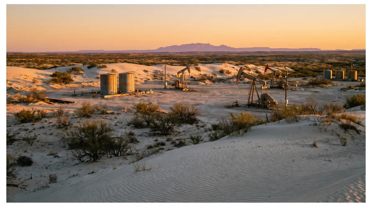 Oil field among sand dunes and mesquite in the Delaware Basin near Pecos, Texas