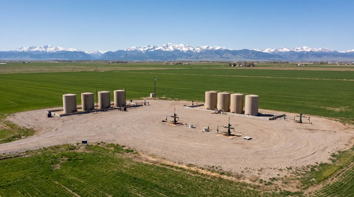 Oil well pad on the plains of Weld County with the Front Range behind, in the DJ Basin