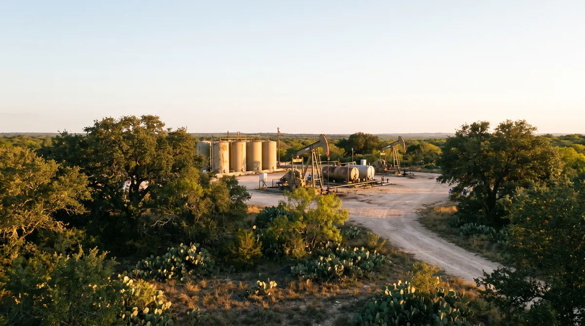 Well pad with tanks in South Texas brush country in the Eagle Ford