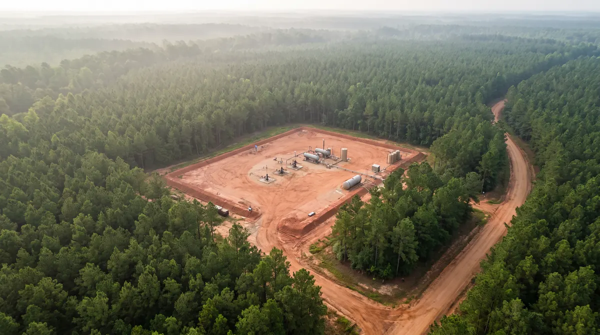 Aerial view of a gas well pad in pine forest in the Haynesville Shale