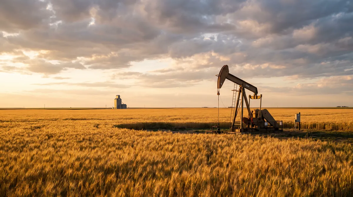 Pumpjack at the edge of a Kansas wheat field