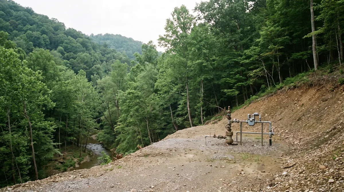 Gas well on a wooded hillside in eastern Kentucky
