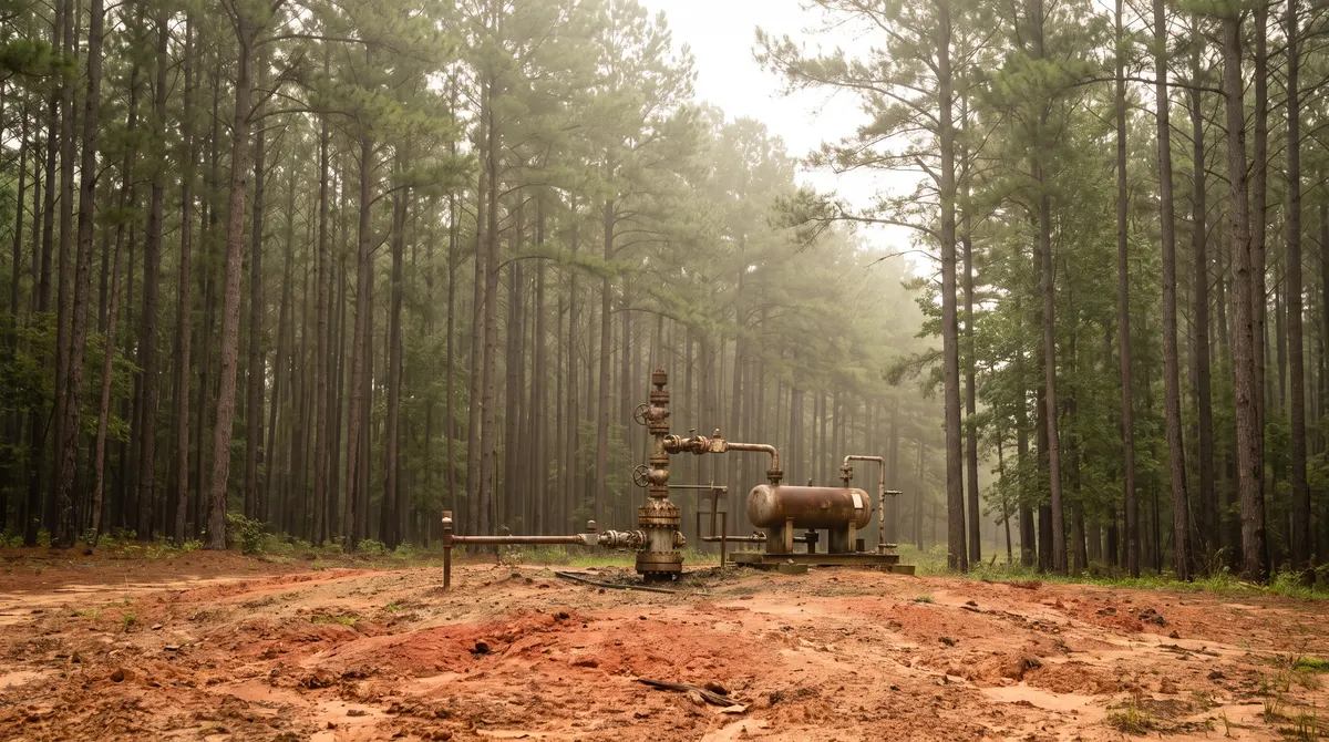 Natural gas well in pine forest typical of the Haynesville Shale in northwest Louisiana