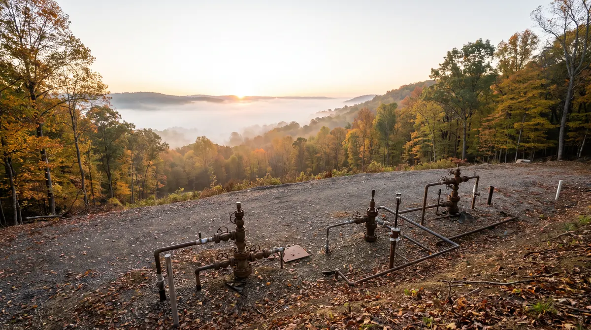 Gas well pad on a ridge in the Appalachian hills of the Marcellus and Utica