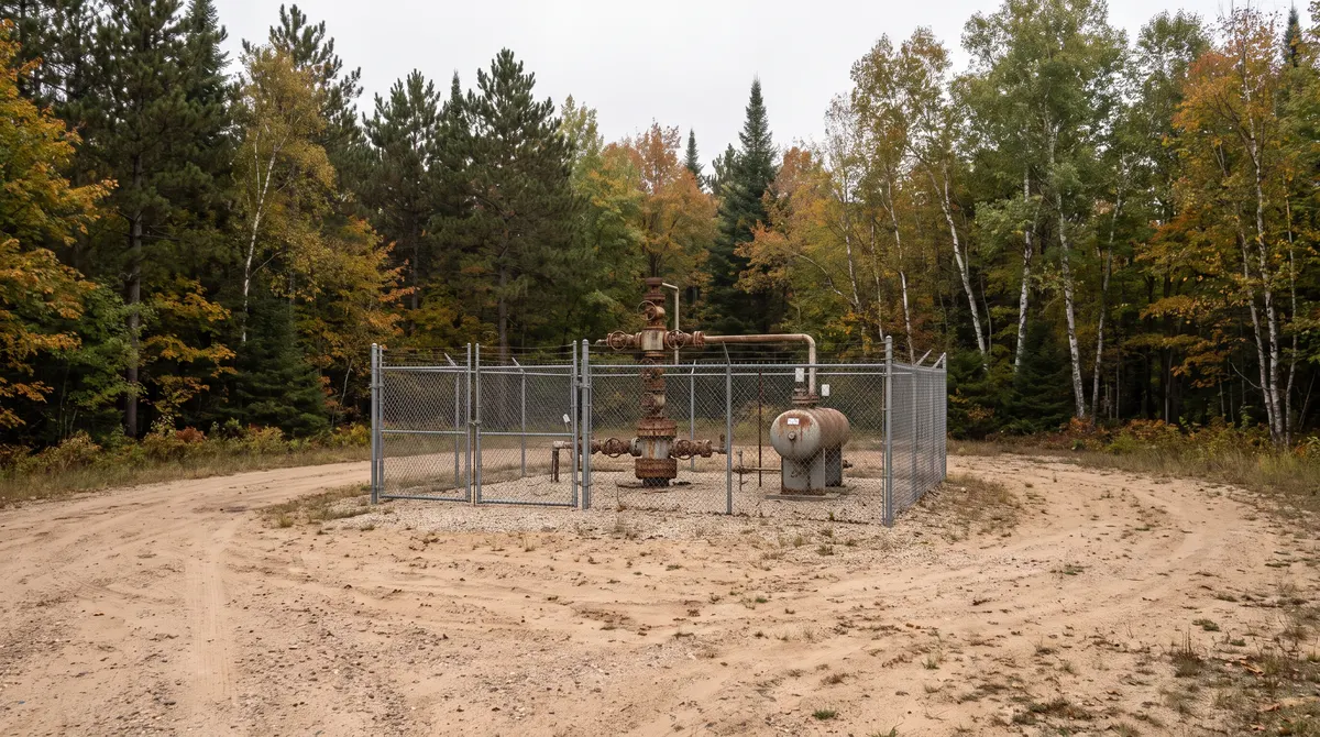 Gas wellhead in a forest clearing in Michigan’s northern Lower Peninsula