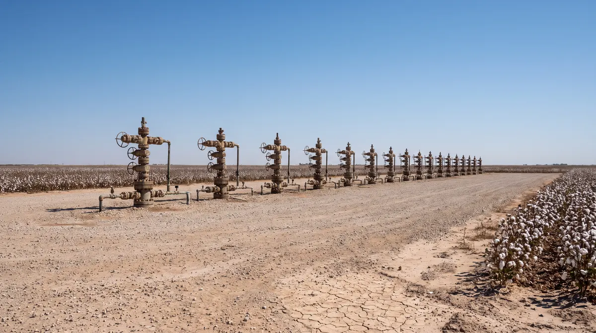 Horizontal well pad with a row of wellheads on flat ground in the Midland Basin