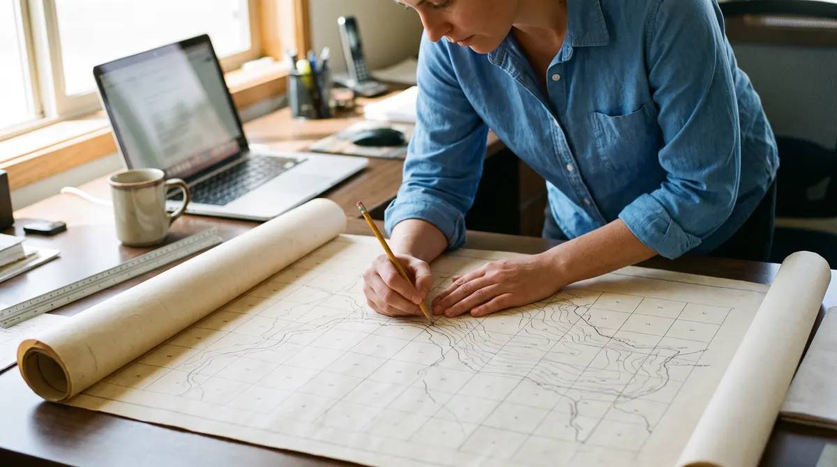 Mineral buyer tracing tract outlines on a large map next to a laptop