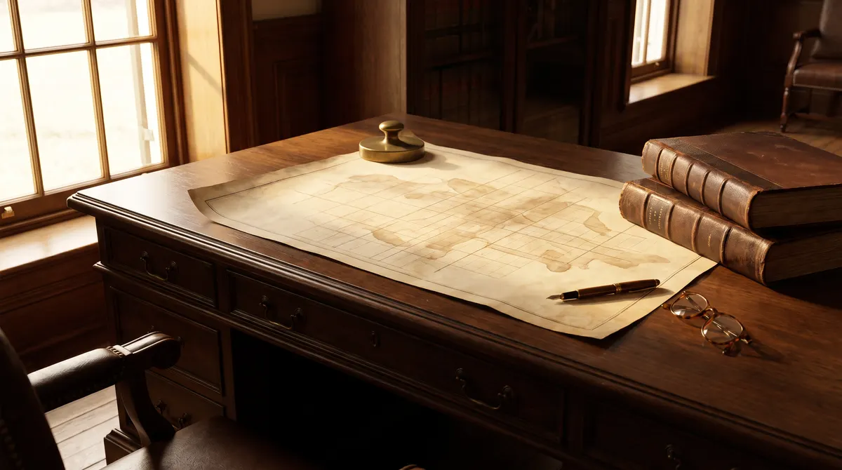 Law office desk with a county plat map and bound land records, where a mineral rights attorney reviews title