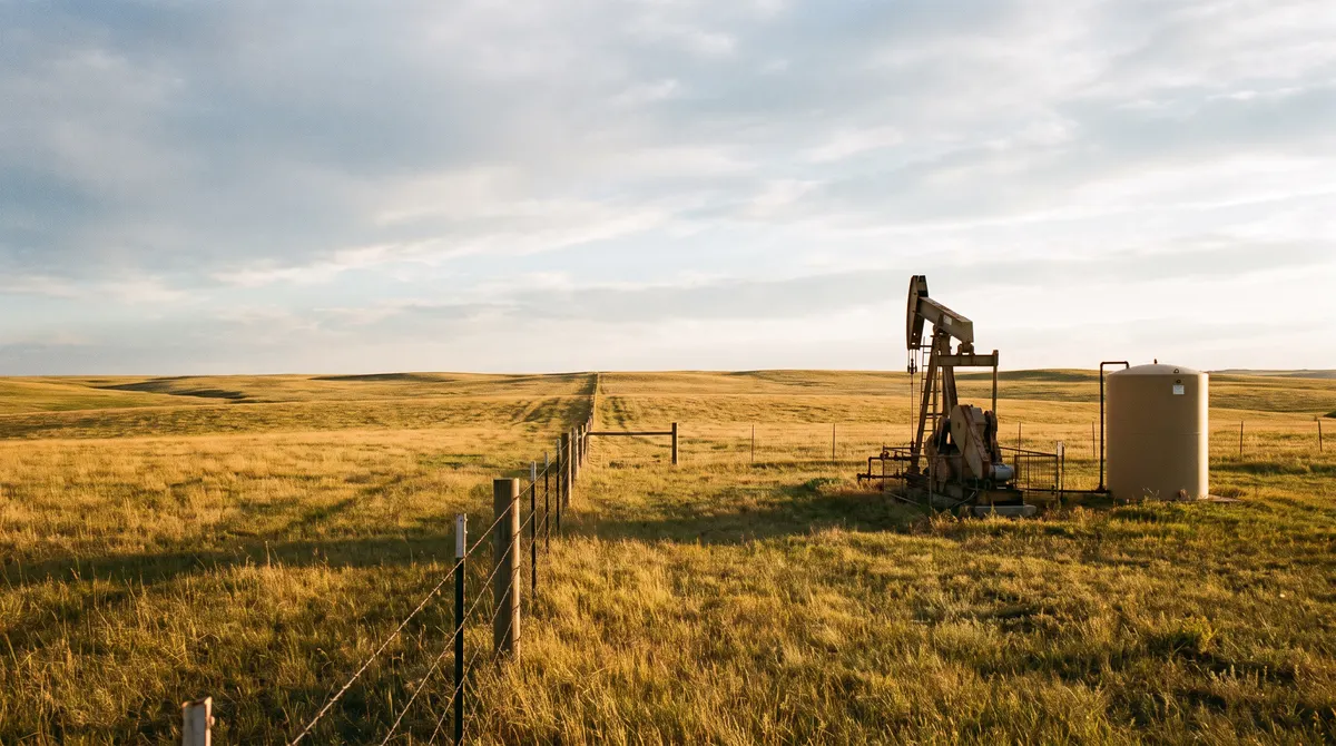 Fence line dividing two pastures with a wellhead on one side, showing how surface and mineral interests can be split