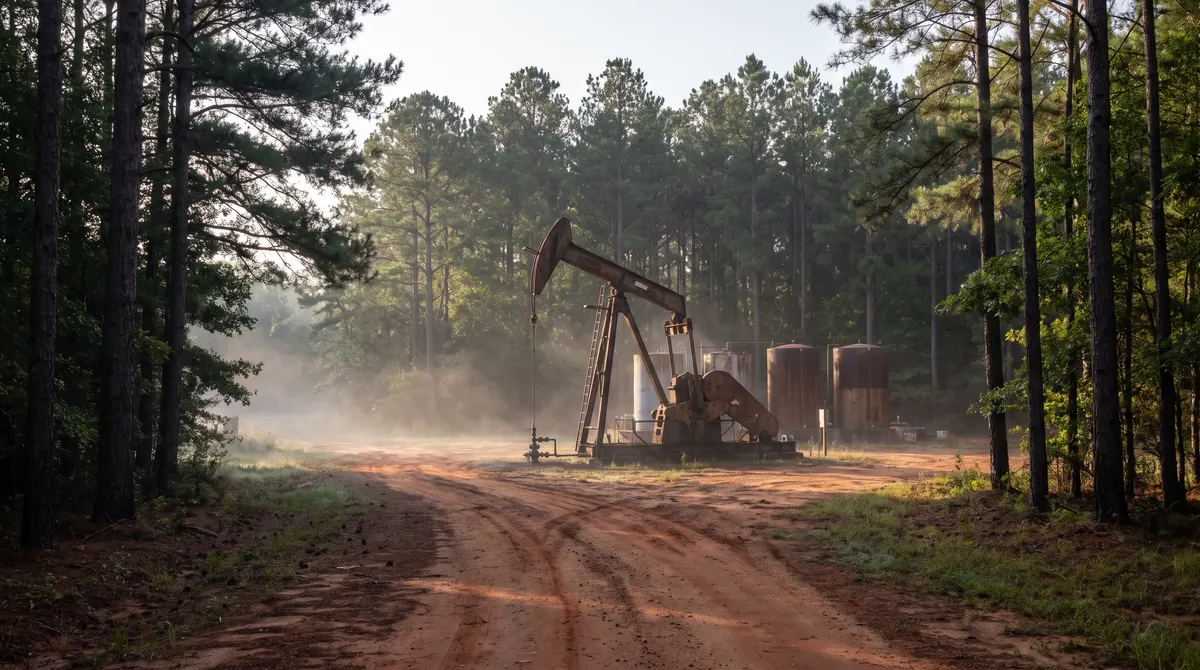 Pumpjack in a pine forest clearing in southern Mississippi