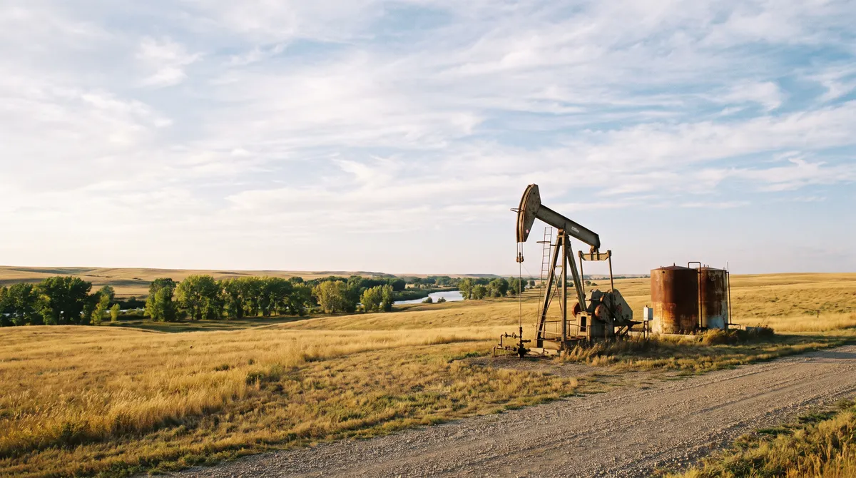 Oil well on open prairie in eastern Montana, in the Bakken country of Richland County