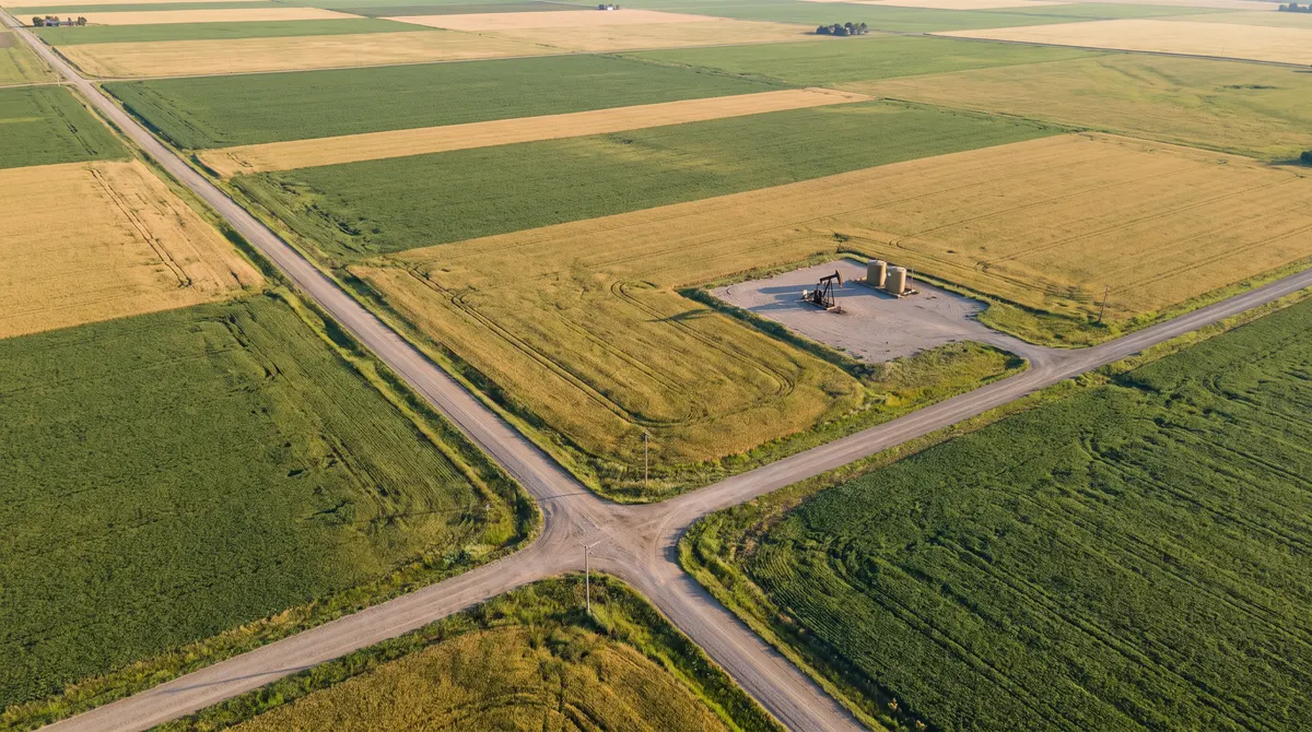 Aerial view of farmland divided into square sections with a well pad in one field, illustrating net mineral acres