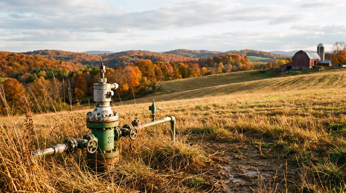 Conventional gas wellhead on a hillside farm in New York’s Southern Tier