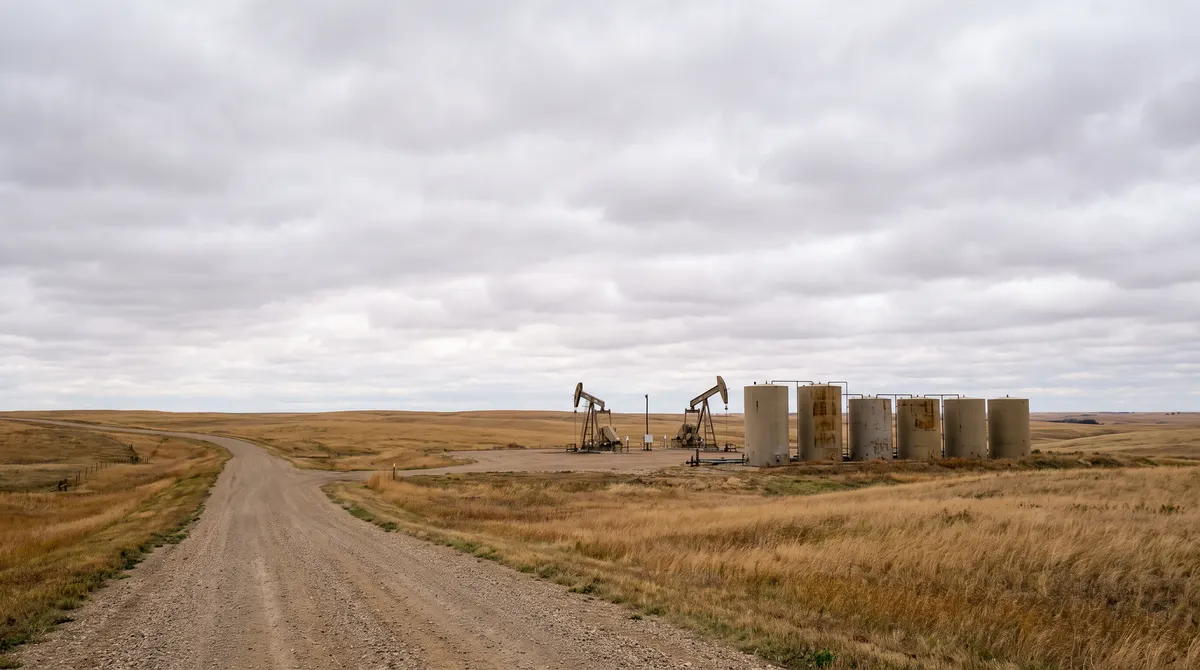 Oil well site on open prairie typical of the Bakken in western North Dakota