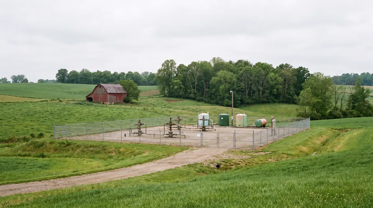 Natural gas well pad in rolling farmland typical of Ohio's Utica Shale region