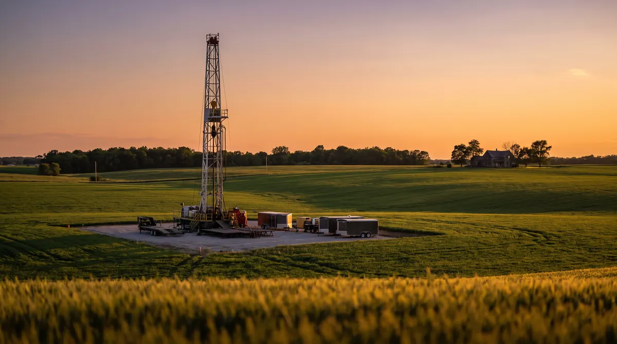 Drilling rig on leased farmland at sunset, the activity an oil and gas lease allows