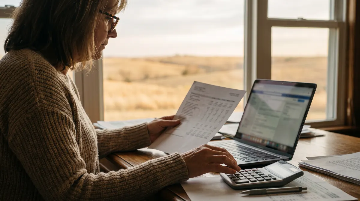 Mineral owner checking a monthly oil and gas royalty statement at a home desk