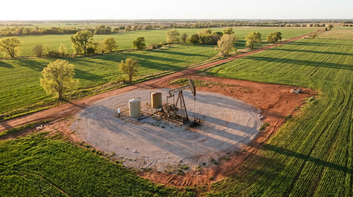 Oil well pad among wheat fields typical of central Oklahoma's SCOOP and STACK plays