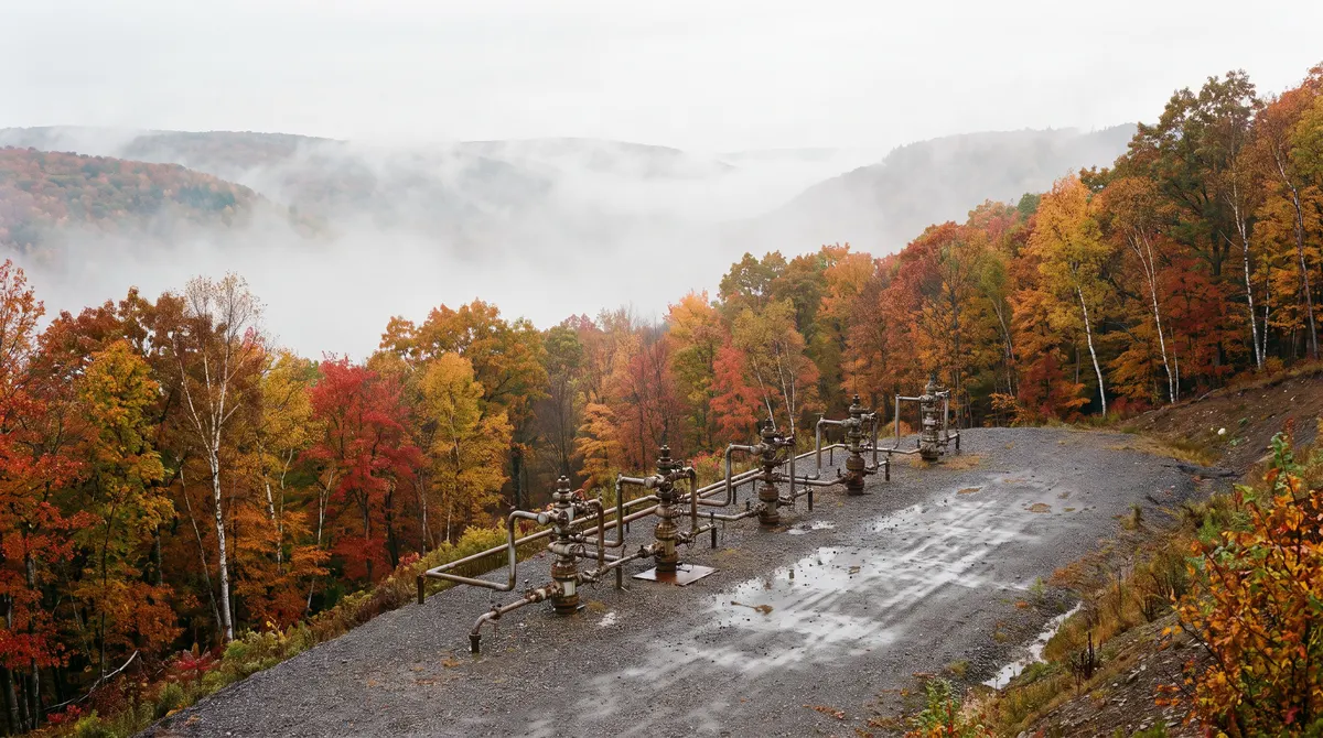 Gas wellheads in a hillside clearing typical of the Marcellus Shale in Pennsylvania