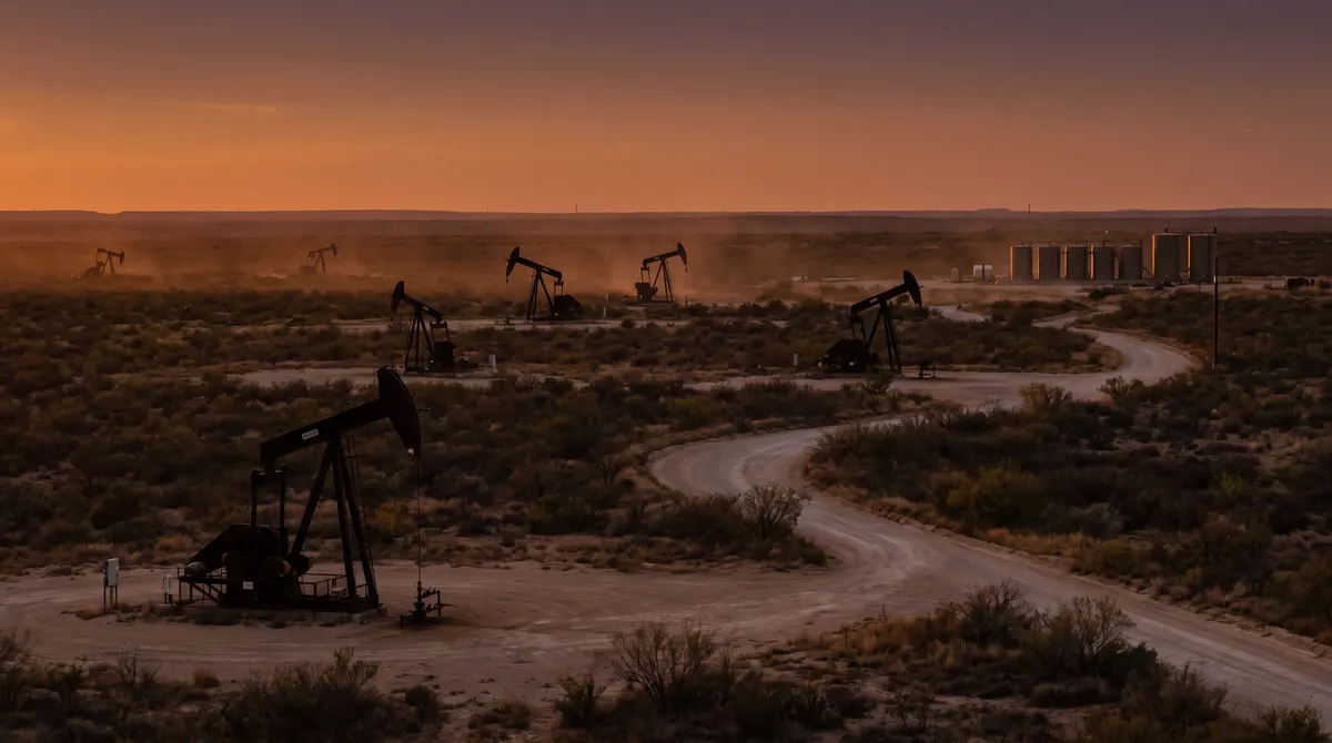 Pumpjacks across flat West Texas scrubland in the Permian Basin at dusk