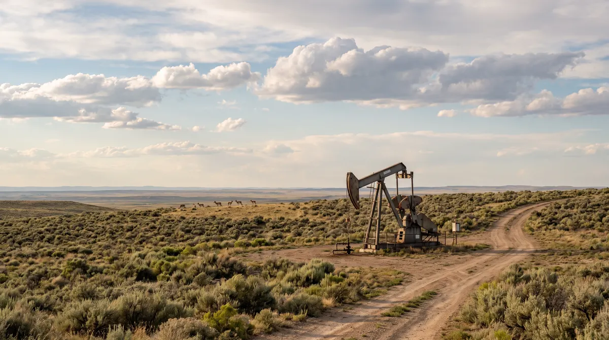 Oil well on sagebrush hills in the Powder River Basin of Wyoming