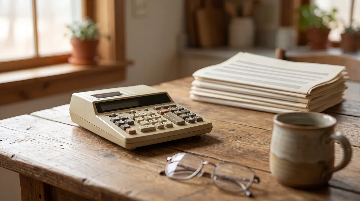Kitchen table with a calculator, a mug and a stack of royalty statements at tax time