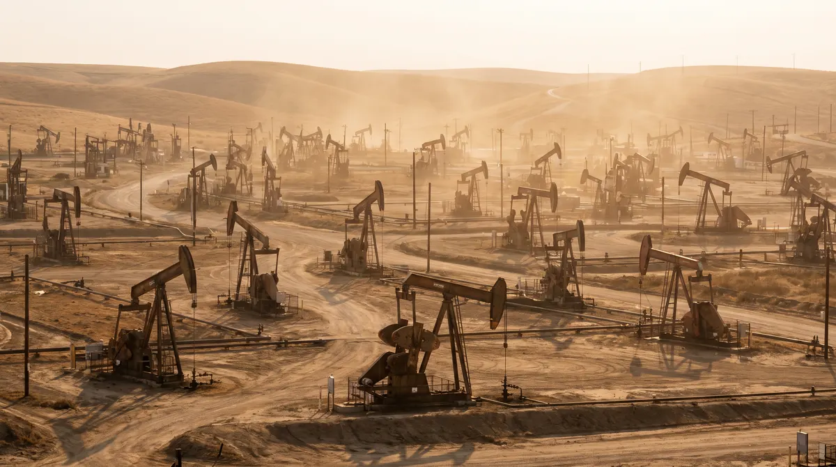 Dense field of pumpjacks on brown hills in the San Joaquin Basin near Bakersfield