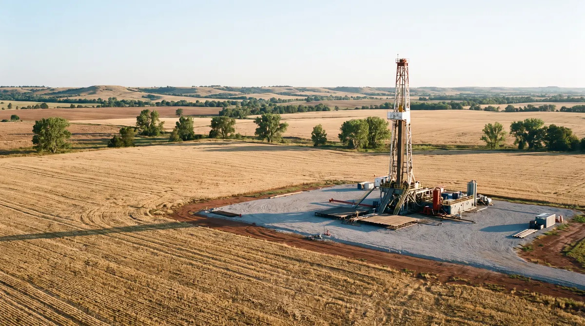 Drilling rig on a pad in central Oklahoma farmland in the SCOOP and STACK plays