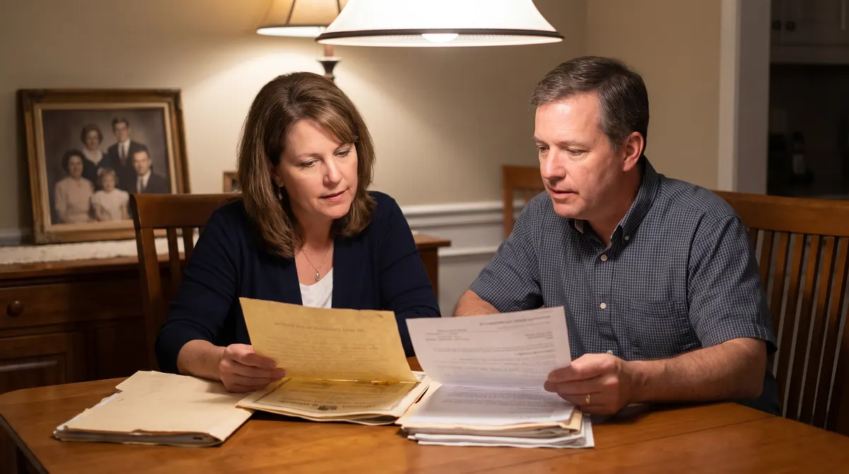 Siblings reviewing an inherited mineral deed and family papers together