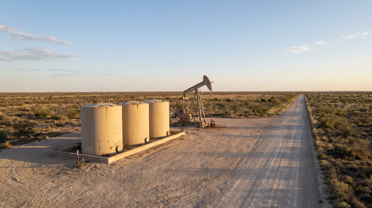 Tank battery and pumpjack beside a lease road, the production that state severance tax is charged on