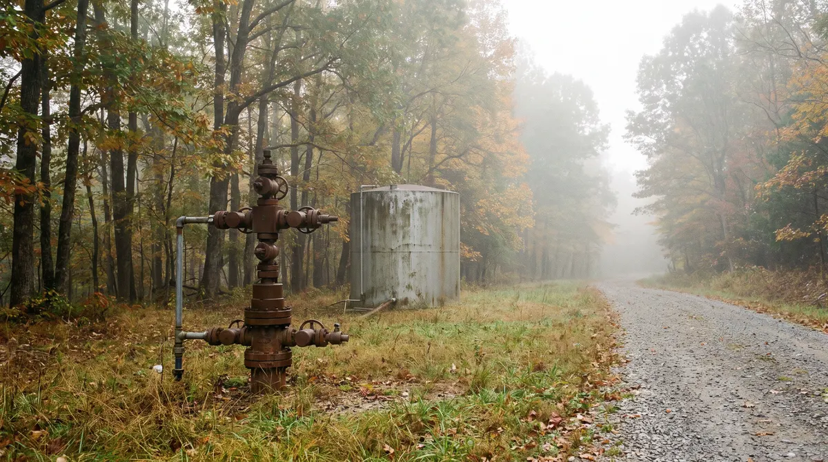 Oil and gas wellhead in woods on Tennessee’s Cumberland Plateau