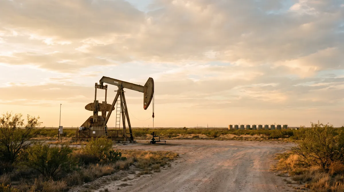 Pumpjack on dry, flat ranch land typical of the Permian Basin in West Texas