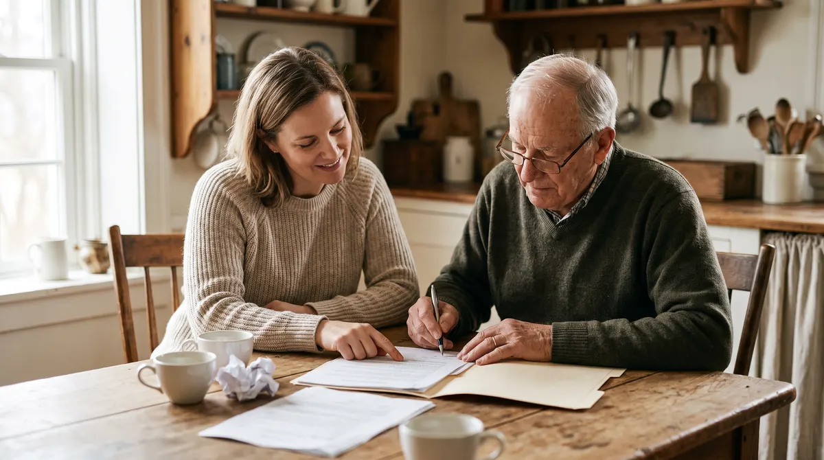 Father and adult daughter signing papers together at a dining table