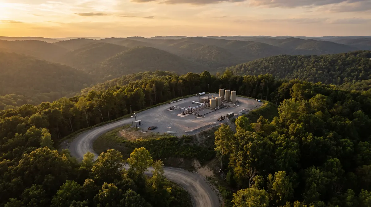 Gas well pad on a ridge in the hills typical of northern West Virginia