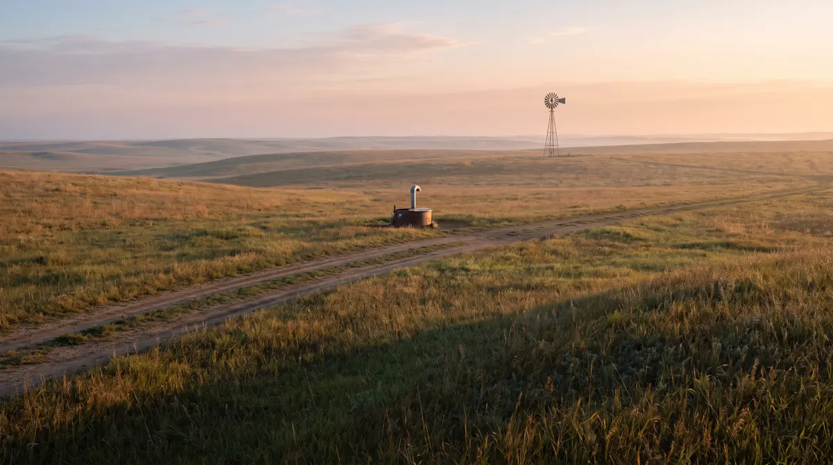 Open ranch land at dawn with a single wellhead, the kind of tract where surface and mineral rights are owned separately