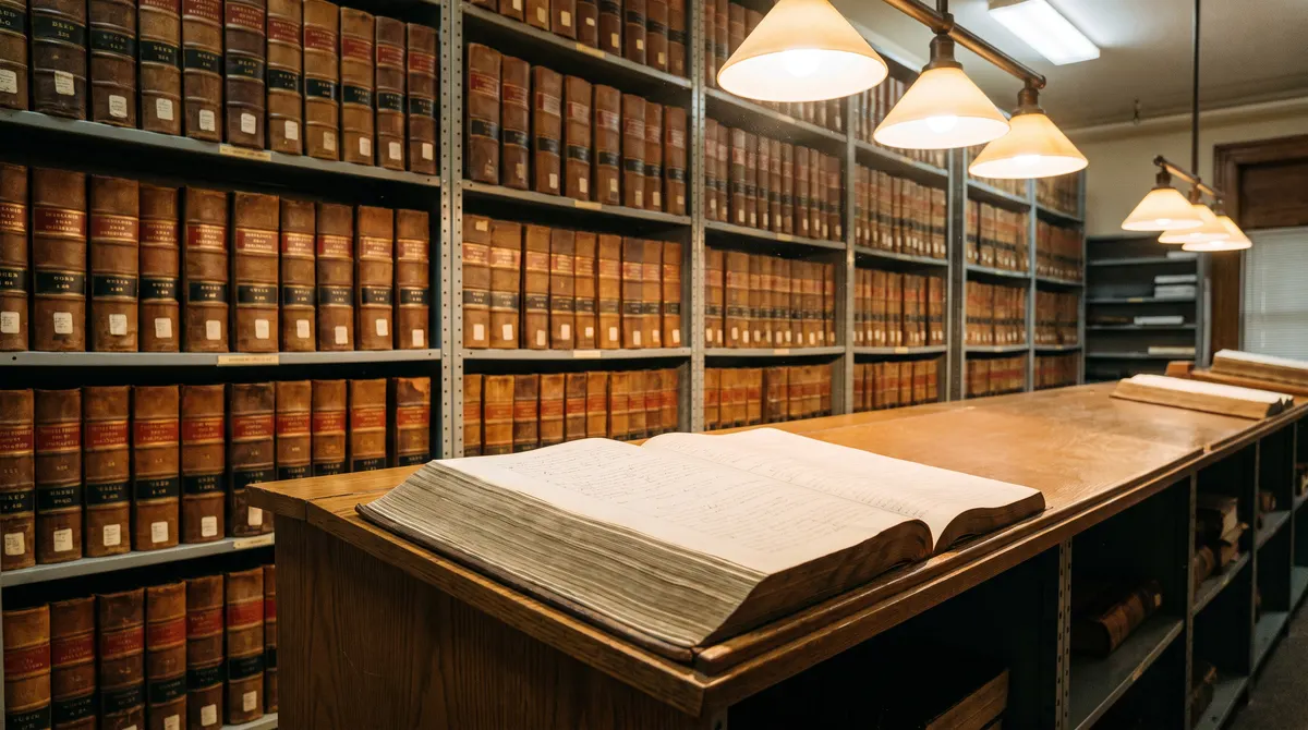 Rows of deed record books in a county clerk's records room