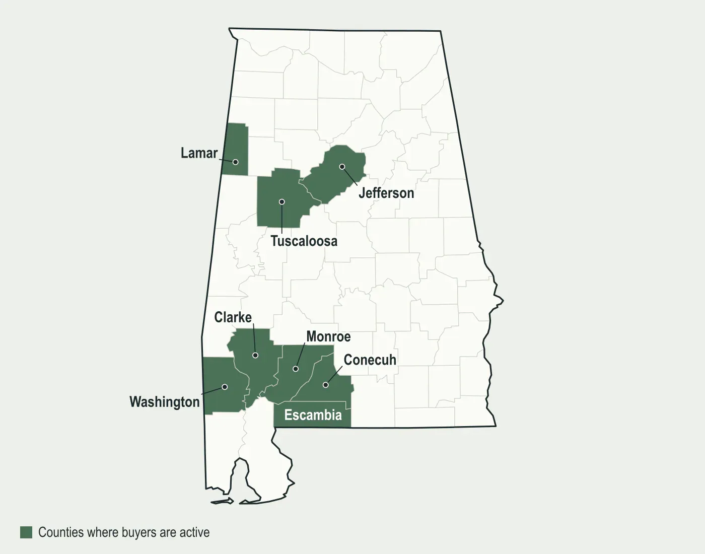 Map of Alabama with Tuscaloosa, Jefferson, Conecuh, Monroe, Escambia, Clarke, Washington and Lamar counties highlighted, where mineral buyers are active