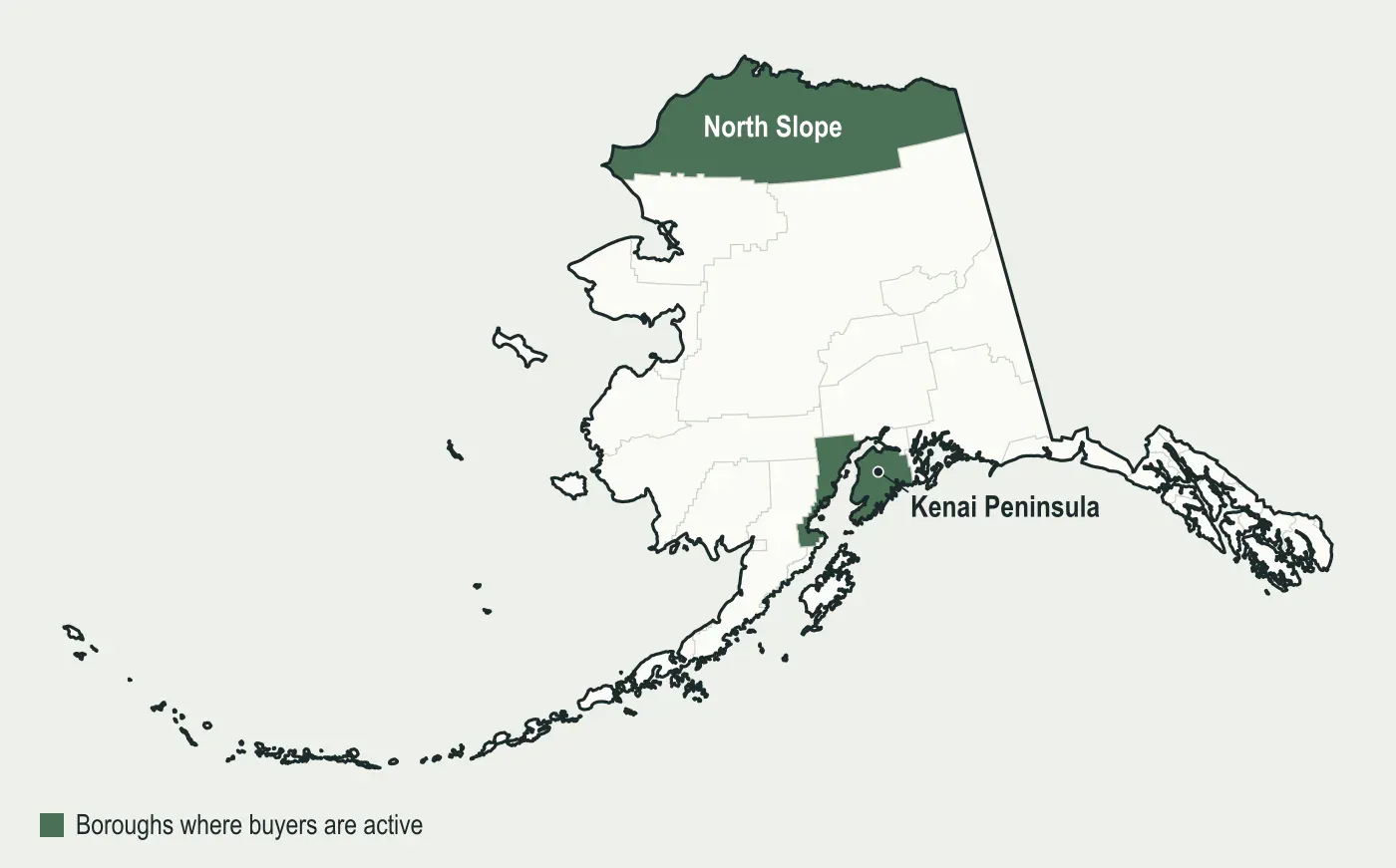 Map of Alaska with North Slope and Kenai Peninsula boroughs highlighted, where mineral buyers are active