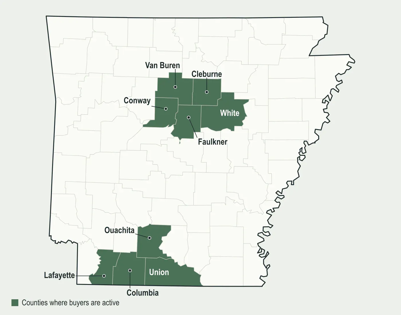 Map of Arkansas with Conway, Van Buren, White, Faulkner, Cleburne, Union, Columbia, Lafayette and Ouachita counties highlighted, where mineral buyers are active