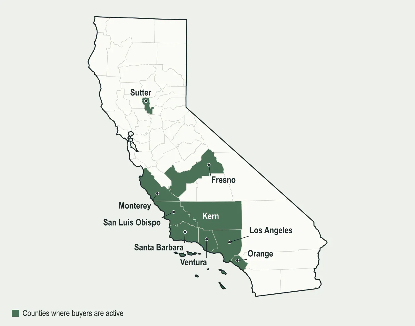 Map of California with Kern, Los Angeles, Ventura, Fresno, Monterey, Santa Barbara, Orange, San Luis Obispo and Sutter counties highlighted, where mineral buyers are active