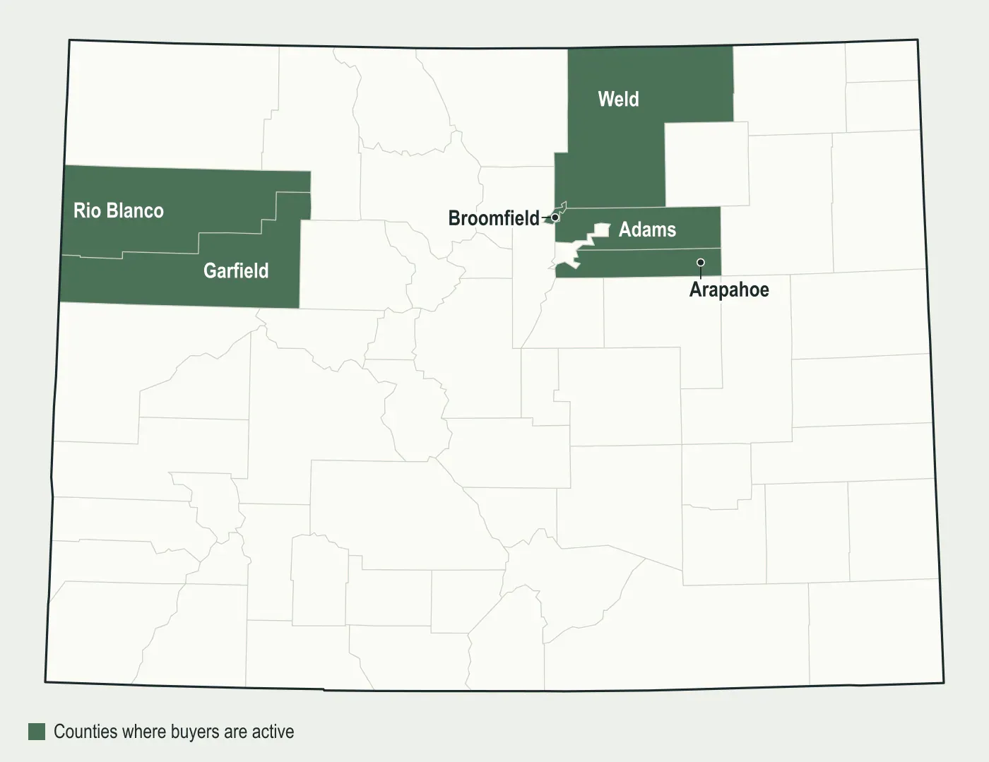 Map of Colorado with Weld, Adams, Arapahoe, Broomfield, Garfield and Rio Blanco counties highlighted, where mineral buyers are active