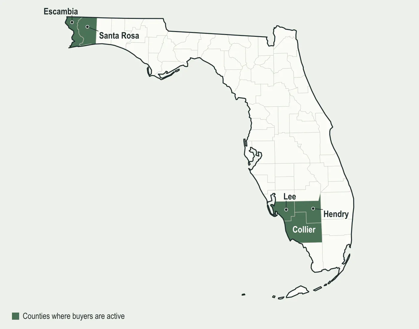 Map of Florida with Santa Rosa, Escambia, Collier, Hendry and Lee counties highlighted, where mineral buyers are active