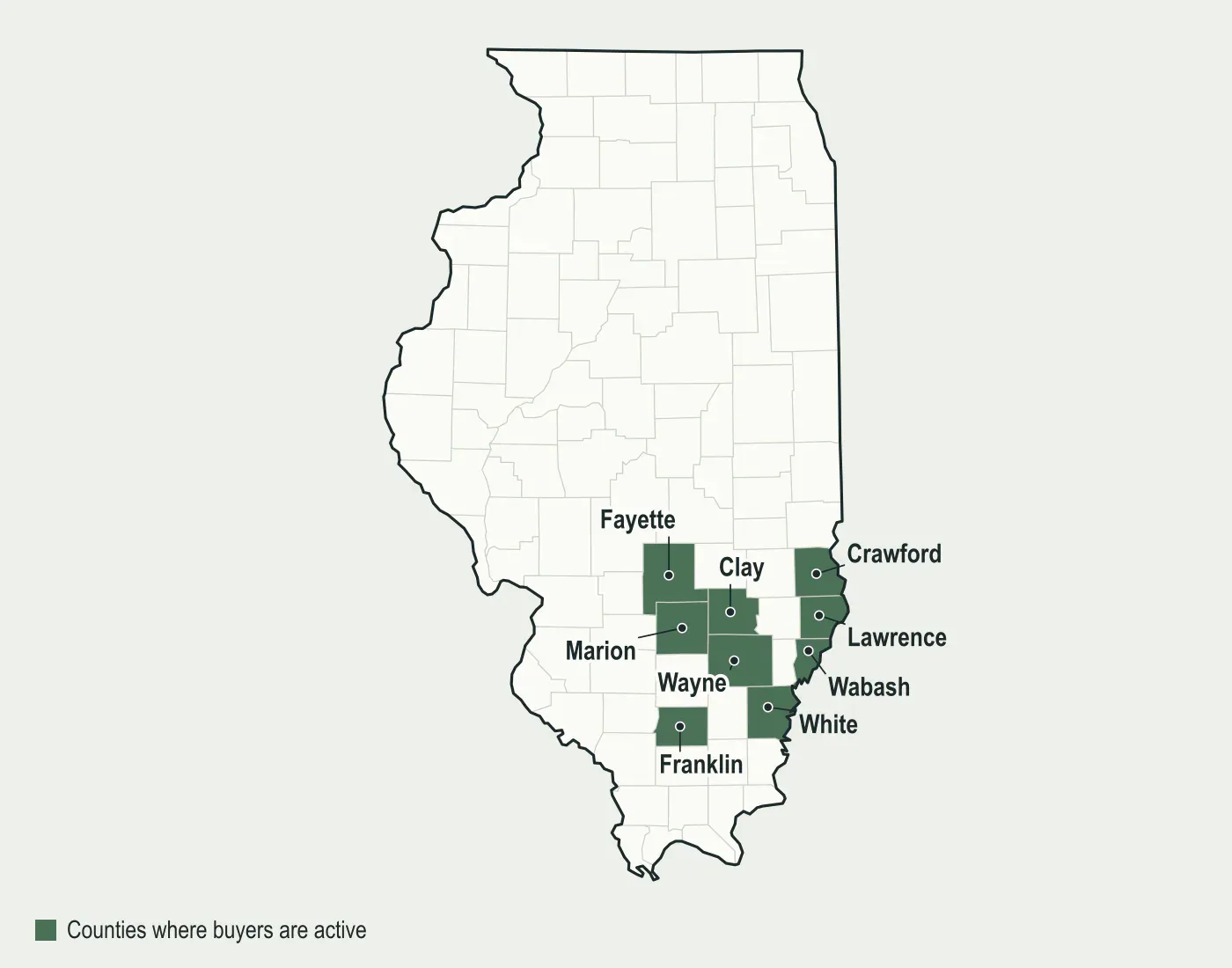 Map of Illinois with White, Marion, Crawford, Wabash, Fayette, Franklin, Clay, Wayne and Lawrence counties highlighted, where mineral buyers are active