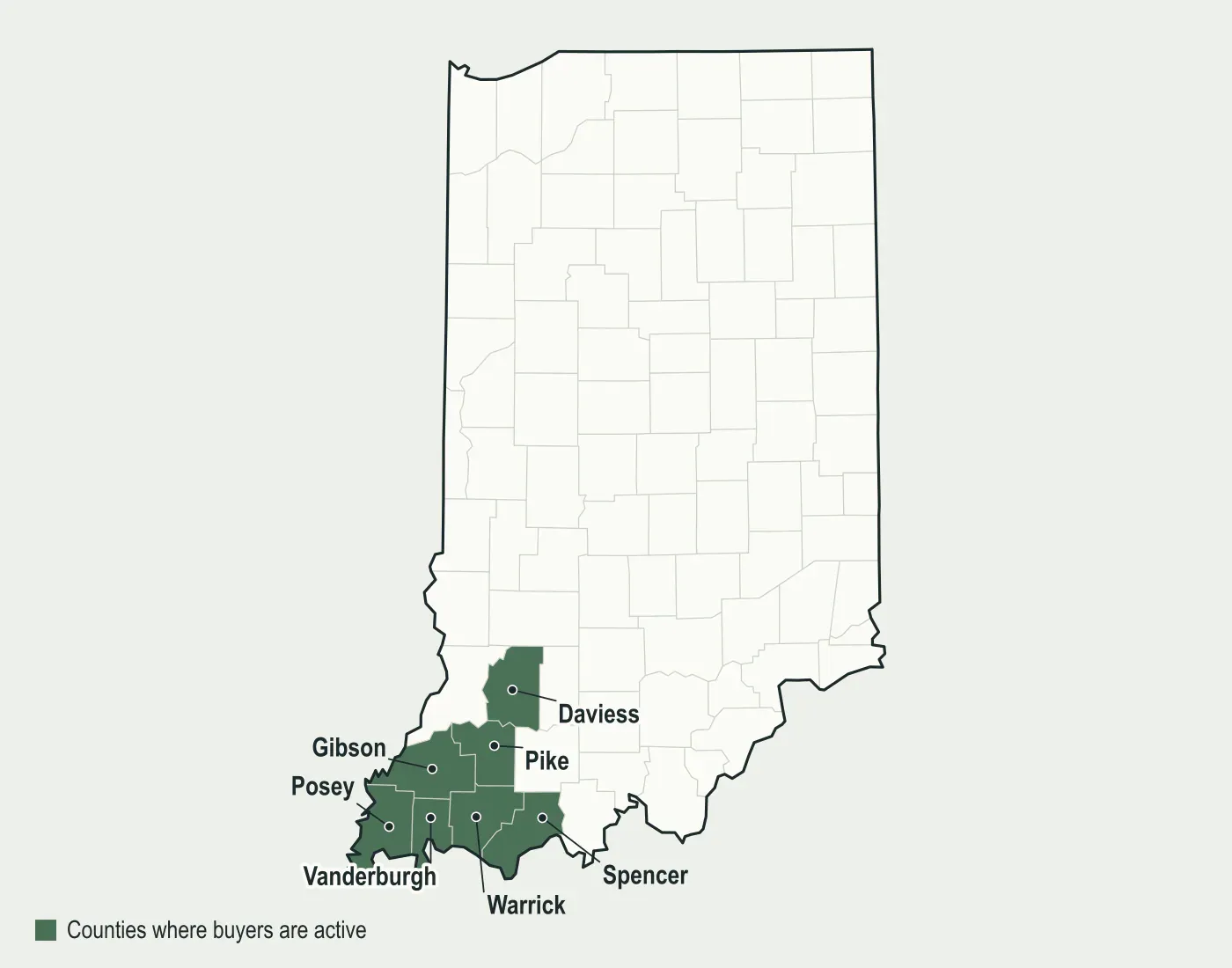 Map of Indiana with Gibson, Posey, Vanderburgh, Spencer, Warrick, Pike and Daviess counties highlighted, where mineral buyers are active